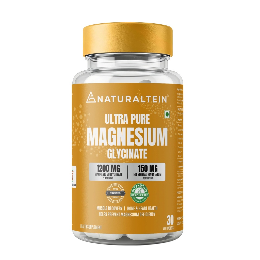 Naturaltein Magnesium Glycinate 1200mg (150mg Elemental) | Chelated High Absorption Magnesium | Supports Sleep Quality & Normal Muscle Function | Glyphosate Tested | 30 Tablets