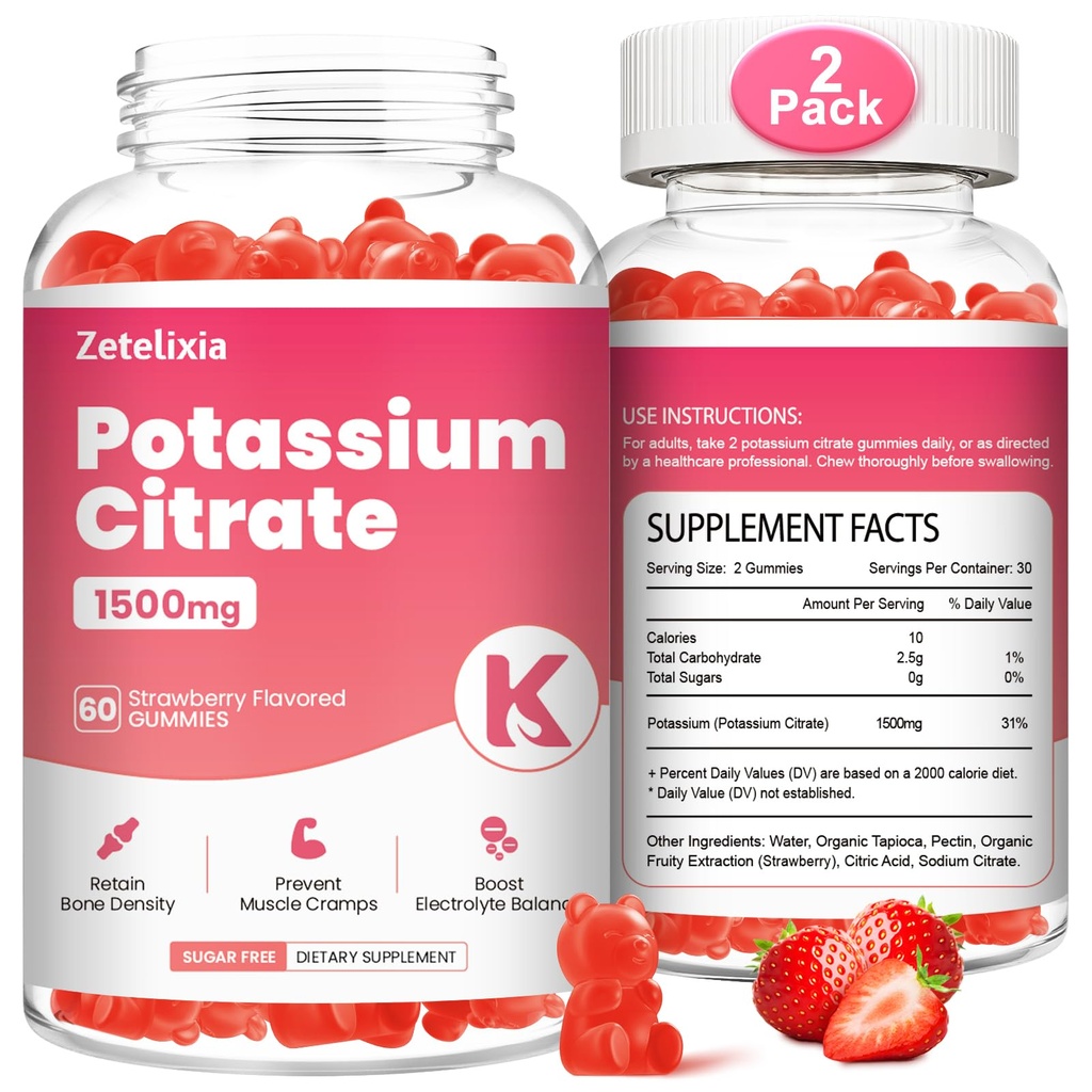 2 Pack kalium gummies för vuxna kvinnor och män, kaliumcitrat tillskott, stöd ben kramper, muskelhälsa och elektrolytbalans, sockerfri, organisk, vegansk, jordgubbar, 120 Cts