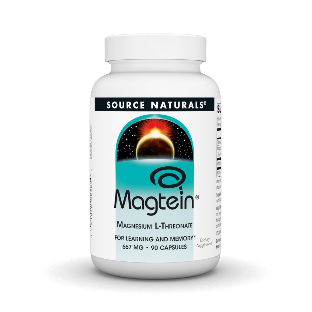 Källa Naturals Magtein Magnesium L-Threonate 667mg stöder fokus, humör, hälsosamt minne, kognitiv funktion, sömn * - 90 kapslar