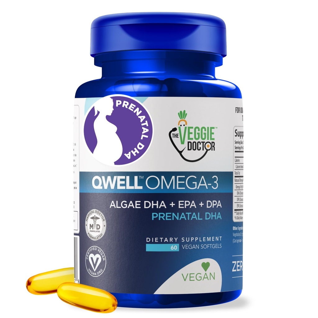 Vegan Prenatal Vitamins with DHA (60 Count) Omega-3 - Qwell Better Than Fish Oil, Brain Function - 820 Mg Algae DHA & EPA, Vegan Prenatal Vitamins with Vitamin E, Carrageenan-Free