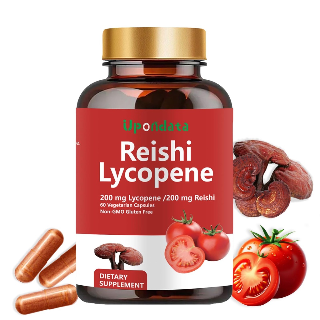 Lycopene Capsules - Lycopene Supplement 200mg med Reishi Mushroom 200mg, Natural Tomato Extract Mushroom Capsules för immunstöd - Gluten-Free, Non-GMO
