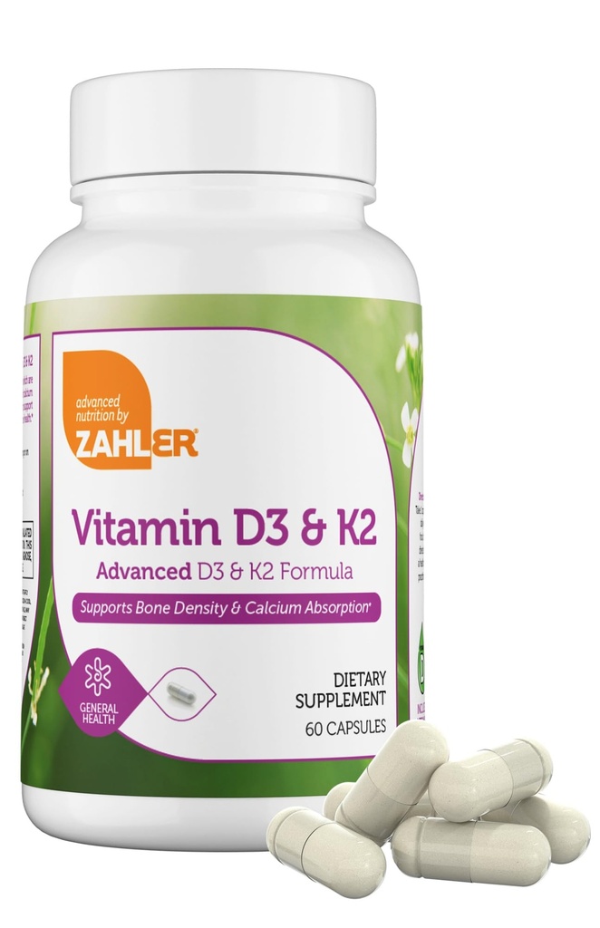 Zahler Vitamin D3 5000 IE K2 - Avancerad vitamin D3 K2 Formel - Bone Density & Calcium Absorption - Kosher Vegetarian MK7 Vitamin K2 D3 Vitamin Supplement - VIT D3 K2, Vitamin D K2 (60 kapslar)