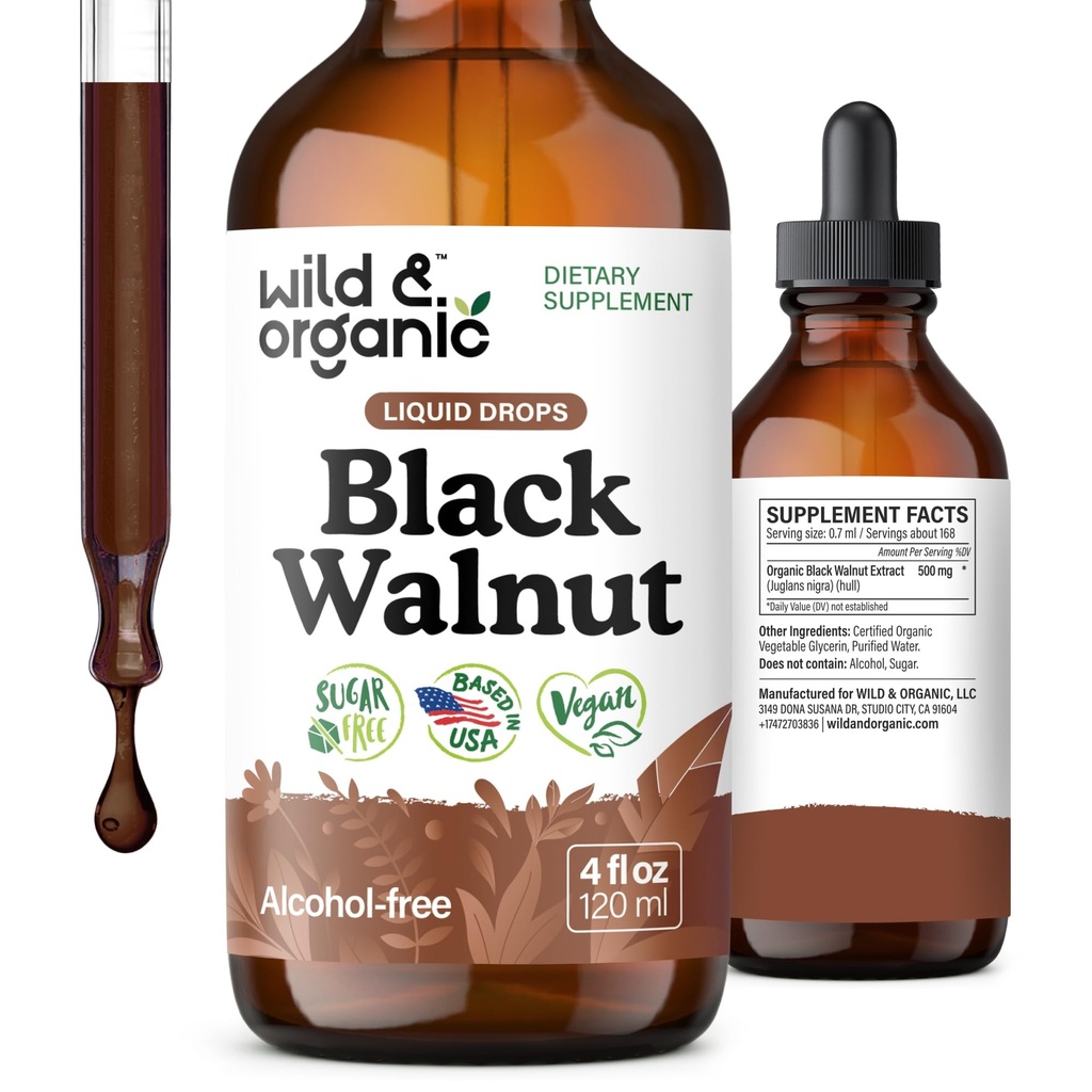Wild & Organic Black Walnut Tincture - Detox Cleanse w / Black Walnut Hull Extract - Herbal Supplement för Gut Cleanse Detox och Digestive Well-Being - Vegan, Sugar & Alcohol-Free - 4 fl oz