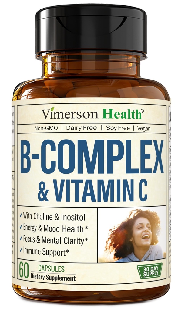 Vitamin B Complex med VIT C & Folic Acid (Folate) - 8 High Potency B-vitaminer: B1, B2, B3, B5, B6, B7, Vitamin B12 + Biotin, Choline & Inositol. Hjälper humör, energi, nervsystem och immunstöd