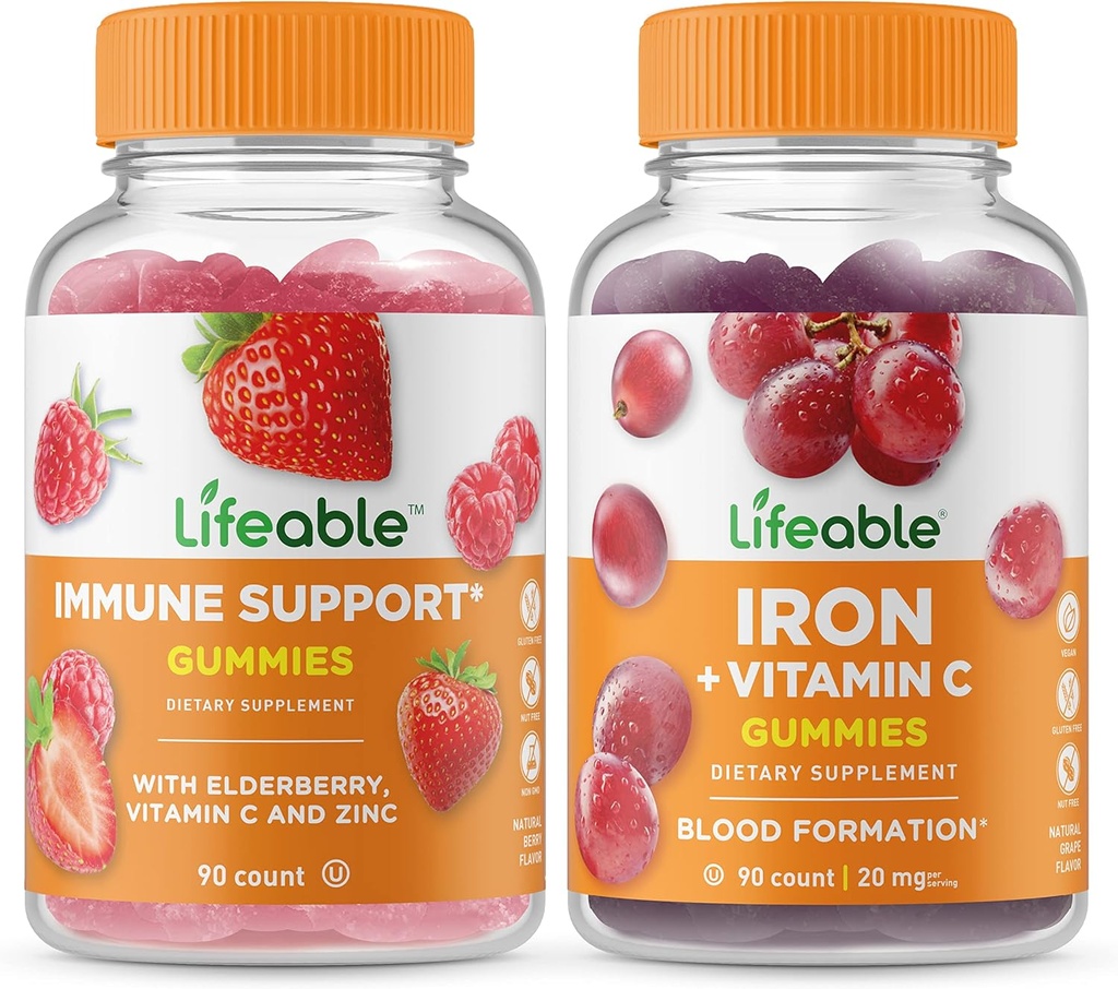 Livlig immunstöd + Järn med vitamin C, Gummies Bundle - Stor smak, vitamintillskott, Glutenfri, GMO-fri, tuggbar