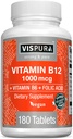 VISPURA Vitamin B12 1000 mcg Methylcobalamin + B6/Folic Acid, 180 Vegan tabletter, bästa tillskott för att öka energi, förbättra humör, Sharpen Focus *, organiskt tillskott