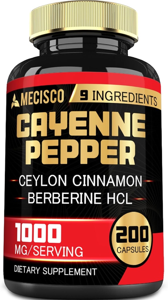 Cayenne Pepper kapslar med gurkmeja Curcumin Root, Berberine HCl, Ceylon Cinnamon Bark & More - 200 kapslar - Support Digestion Health, Immune System & Body Balance