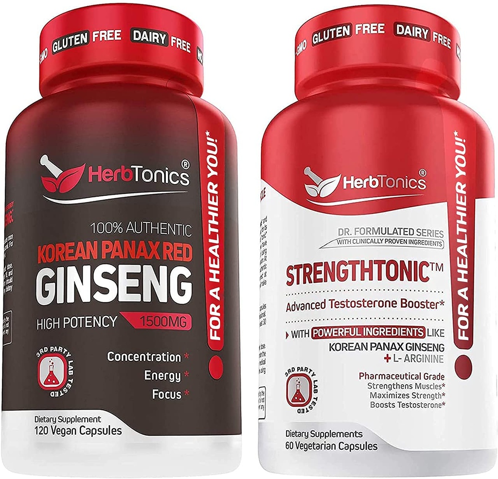 Herbtonics Korean Panax Red Ginseng och Strengthtonic Testosteron Booster för Män Bundle