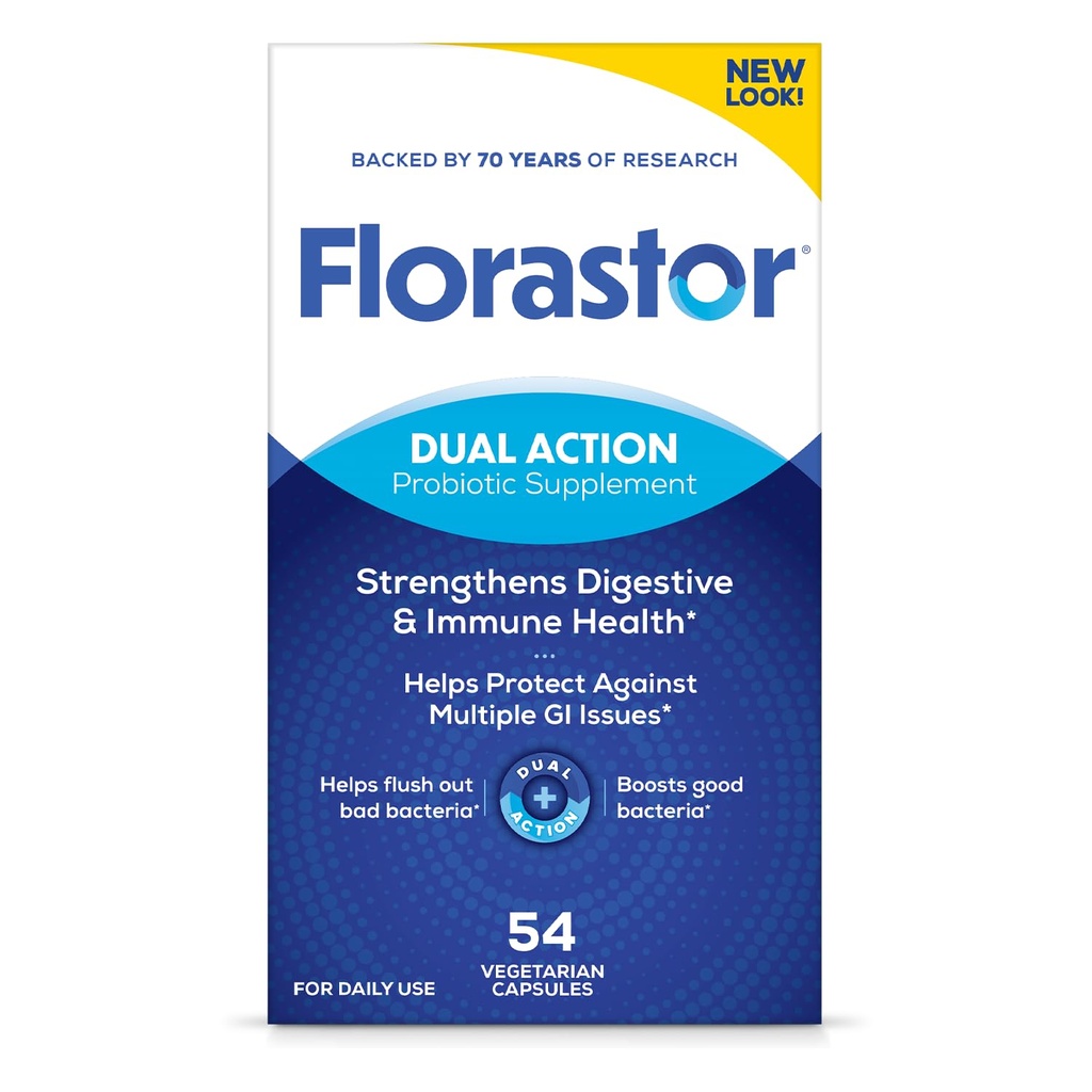 Florastor Probiotics for Digestive and Immune Health, 54 Capsules, Probiotics for Women & Men, hjälper till att spola ut dåliga bakterier, ökar det goda med vår stam Saccharomyces Boulardii, Packaging May Vary