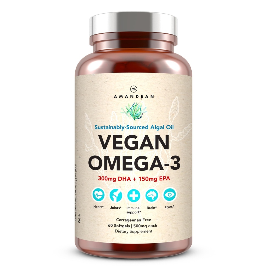 Amandean Vegan Omega 3 Supplement. Premium fiskolja alternativ. Algae DHA & EPA. Carrageenan Free Softgels. Algal Essential Fatty Acids Växtbaserat hjärta, hjärna, ögon, hud, immunstöd. (60ct)