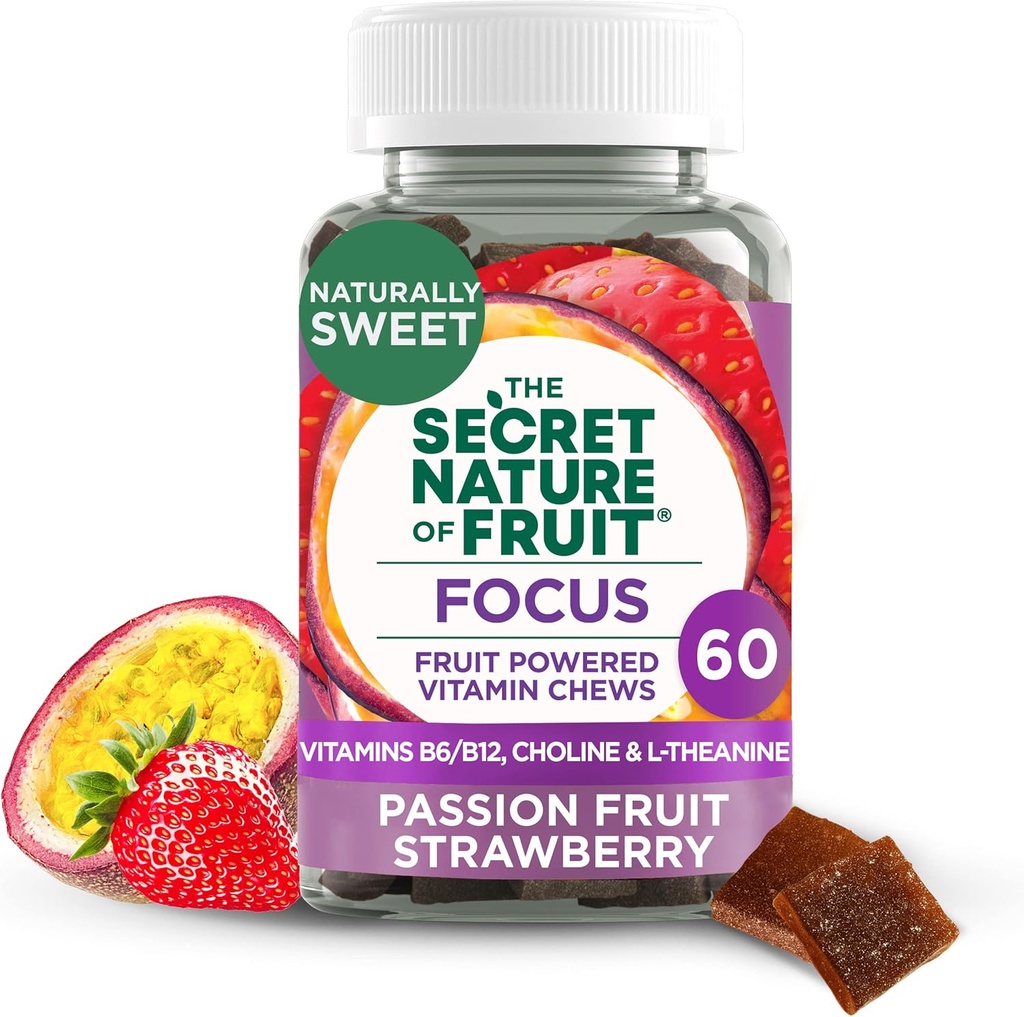 The Secret Nature of Fruit Focus Chews, Real Fruit Powered Vitamin Chews med vitamin B6 & B12, Choline, L-Theanine, Passion Fruit & Strawberry för Mental Clarity, Gummy (60 Count)