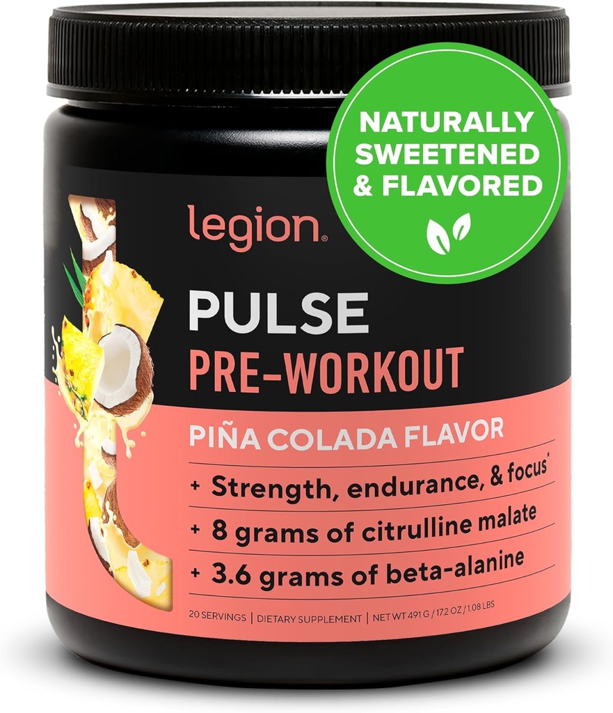 LEGION Pulse Pre Workout - All Natural Nitric Oxide Preworkout Drink för att öka energi, kreatinfri, naturligt sötad, Beta Alanine, Citrulline, Alpha GPC (Pina Colada)