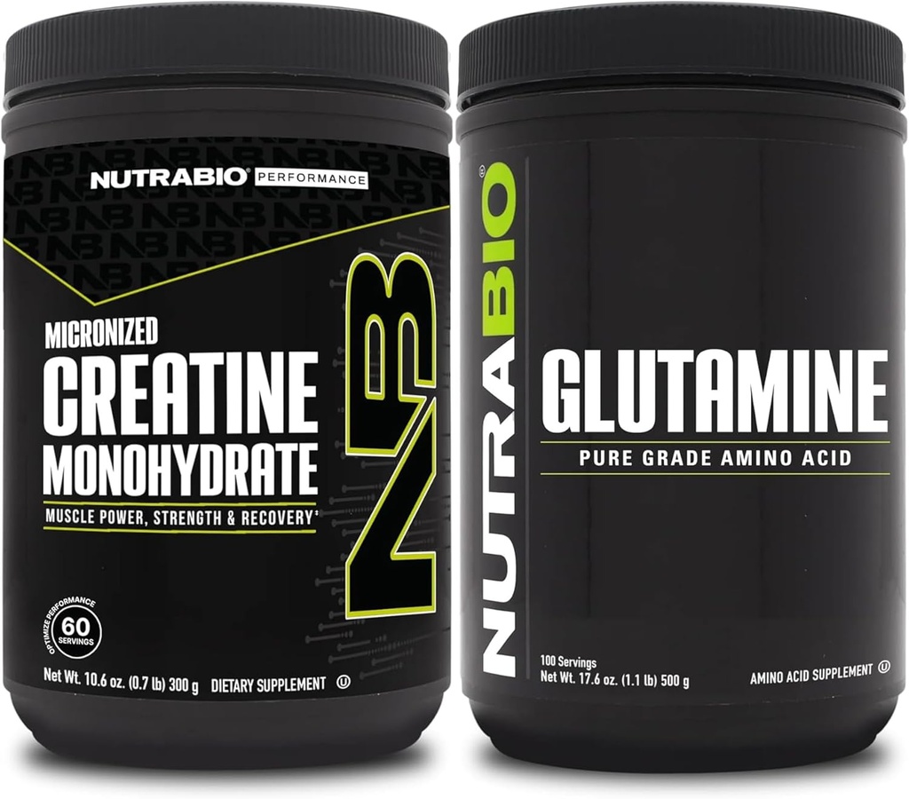 NutraBio Creatine Monohydrate Supplement, Unflavored, (300g) och L-Glutaminpulver, (500g) - Workout Supplement Bundles stöder muskelenergi, återhämtning och styrka
