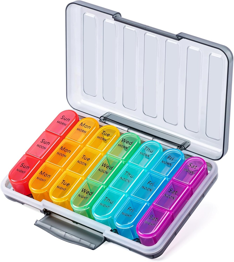 Odaro Pill Organizer 3 gånger om dagen - Portable Weekly Medicine Box med 7 separata behållare, Travel 7 Day Pill Box, Black