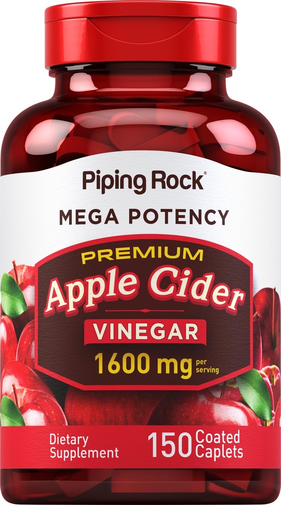 Piping Rock Apple Cider Vinegar Capsule Caplets | 1600mg | 150 piller | Hög styrka | Extra styrka ACV Supplement | Vegetarisk, icke-GMO, Gluten Free