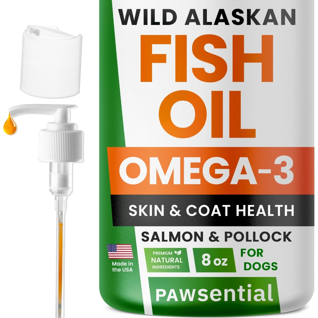 Omega 3 Fiskolja för hundar och katter - Gjord med vild Alaskan laxolja; flytande fiskolja tillskott för husdjur med Omega 3 EPA + DHA fettsyror; Verkliga ingredienser, Verklig smak - Trusted av Vets!