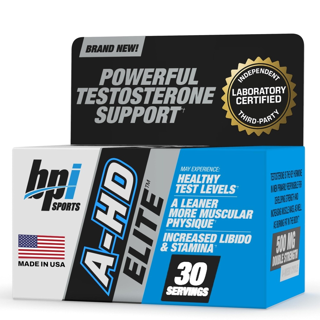 BPI Sports A-HD Elite - Mäns kraftfulla testosteronbooster för uthållighet, styrka, sexuellt stöd - stöder muskel, libido och metabolism - naturligt testosterontillskott - 30 portioner - 500 mg