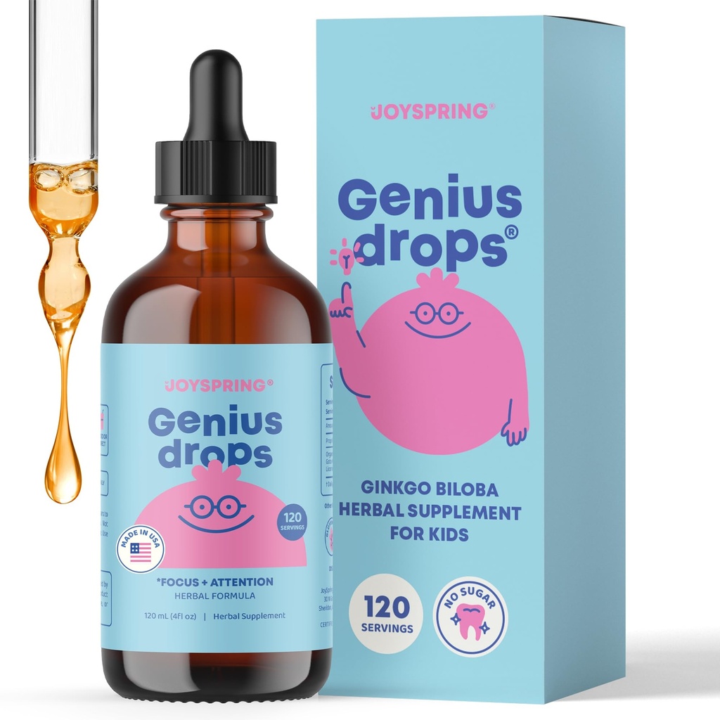 JoySpring Genius Drops - Organic Focus Drops for Kids | Kliniskt beprövade Focus Supplement hjälper barn att prestera bättre i skolan | Liquid Herbal Supplement med Ginkgo Biloba (4 fl oz) 120 portioner