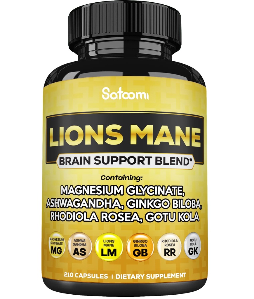 Lions Mane Supplement Capsules with Magnesium with Ashwagandha Root, Ginkgo Biloba, Rhodiola Rosea och Gotu Kola - 210 Vegan Capsules - Support Brain Health, Positive Mood & Energy Production