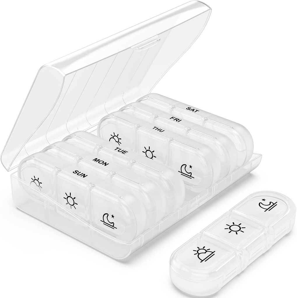 PULIV Weekly Pill Organizer 3 gånger om dagen, Portable Travel Pill Box 7 Day med stora Pill Containers, Light-Proof Pill Case för vitaminer, medicinering, kosttillskott och fiskoljor (vita)