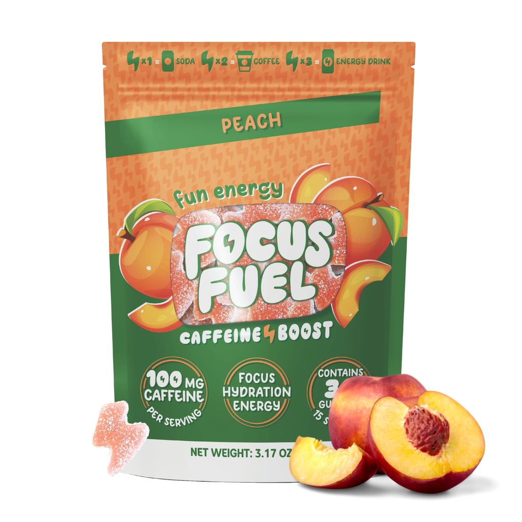 FocusFuel Energy Chews - Peach Flavor (15 portioner) - 100mg Koffein + Alpha GPC + L-Theanin + B12, Magnesium - Smooth Focus & Energy - Ingen krasch eller Jitters