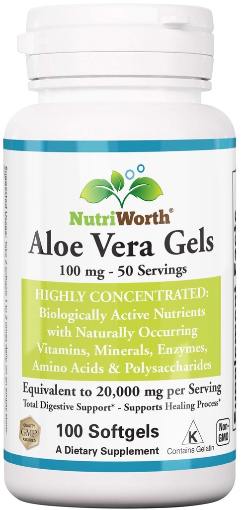 Aloe Vera Supplement (100 Softgels) 20.000mg Pure Gel Equivalency - Tillverkad med organisk Aloe Vera