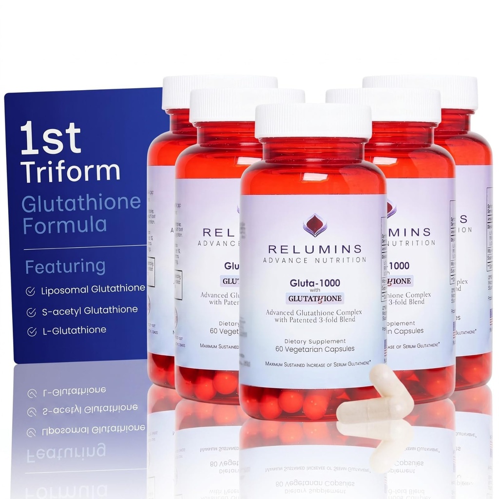 Relumins L Glutathione Supplement Complex - Reduced Glutathione 1000mg med Alpha Lipoic Acid & Rose HIPS Capsules för Nourished & Smoother Skin, 60 Caps x 5 flaskor
