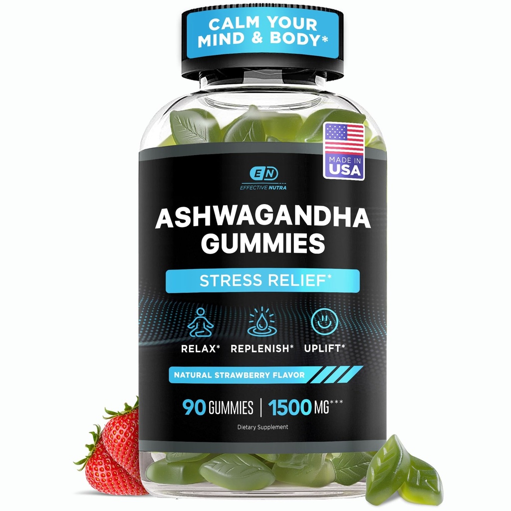 EFFECTIVE NUTRA Ashwagandha Gummies 1500mg | Stress Relief, Immune Support, Calm Mood, Energy | Natural Berry Flavor | 45-dagars leverans | Vegan, Gluten-Free, Non-GMO | Tillskott för män och kvinnor (90ct)