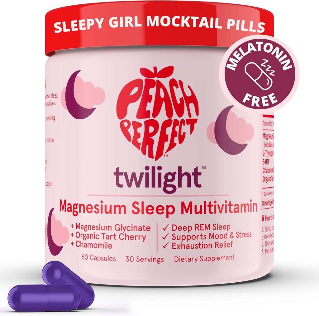 Peach Perfekt Twilight Magnesium Glycinate Sleep Multivitamin Magnesium Supplement med organisk Tart Cherry, Chamomile, 5-HTP, L-Tryptophan, Natural Sleepy Girl Mocktail, 60 kapslar, 30 portioner