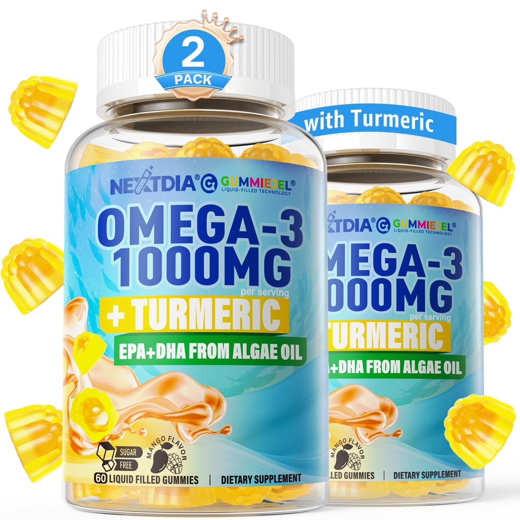 Vegan Omega-3 Gummies 1000mg + gurkmeja - Omega 3 fiskolja alternativ för vuxna - Alger DHA 600mg & EPA 300mg, vitamin A, C, E, Zink & MSM, Sugar Free, 120 Cts