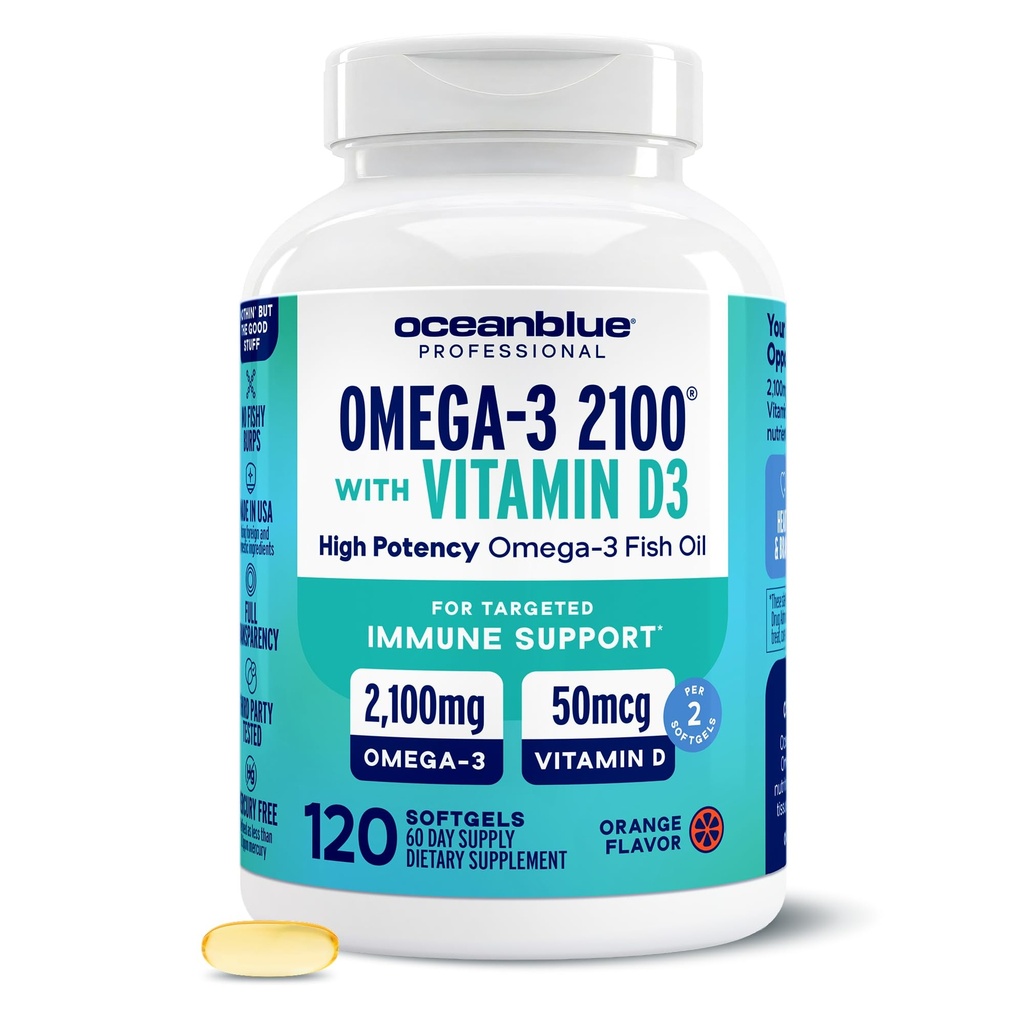 Oceanblue Professional Omega-3 2100 med vitamin D3 - 120 ct - Triple Strength Burpless Fish Oil Supplement med hög styrka EPA, DHA, DPA och Vitamin D3 - Wild-Caught - Orange Flavor (60 portioner)