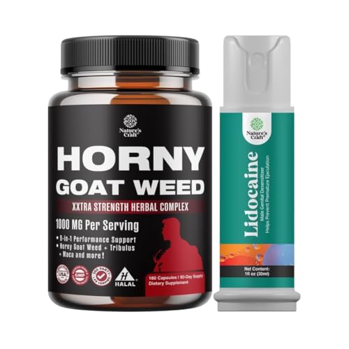 Bundle of Horny Goat Weed för män - Extra Strength Male Supplement och Lidocaine Desensitizing Topical Spray Climax Control för längre varaktig prestanda - Öka uthållighet och Stamina Fast Acting