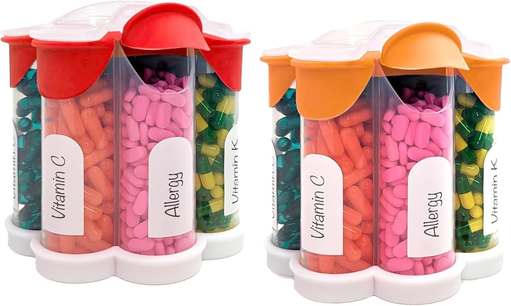 Extra Large Pill Organizer Daily, Weekly, Monthly Supplement Bottle, Cute Blossom Pill Dispenser med 7 XL Compartments (2 Pack Combo) (Orange och Red)