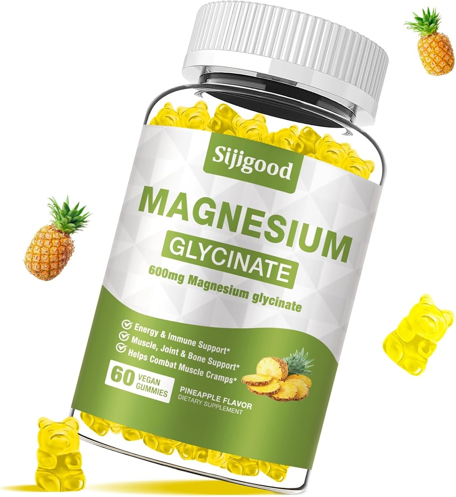 Magnesium Glycinate Gummies 600mg, Relaxation & Zzz Support, Magnesium Potassium Supplement för vuxna och barn Sugar-Free, Vitamin C, B6 och CoQ10 Pineapple Flavor, 60 Count