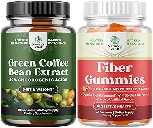 Bundle of Pure Green Coffee Bean Extract med 50% Chlorogenic Acid för antioxidant Hjärthälsa Mental Focus och Tasty Fiber Gummies med Prebiotic Soluble Chicory Root för immunitet Digestive Support