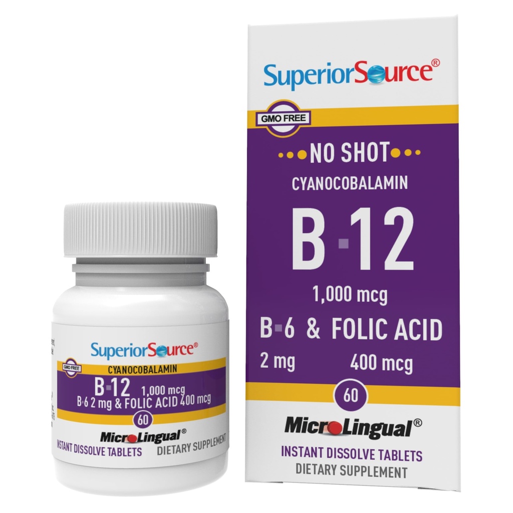 Superior Source No Shot Vitamin B-12 Cyanocobalamin 1000 mcg, B-6, Folsyra 400 mcg - Stöd Brain & Heart Health - hjälper naturliga energinivåer - 60 Sublingual Dissolving Tablets