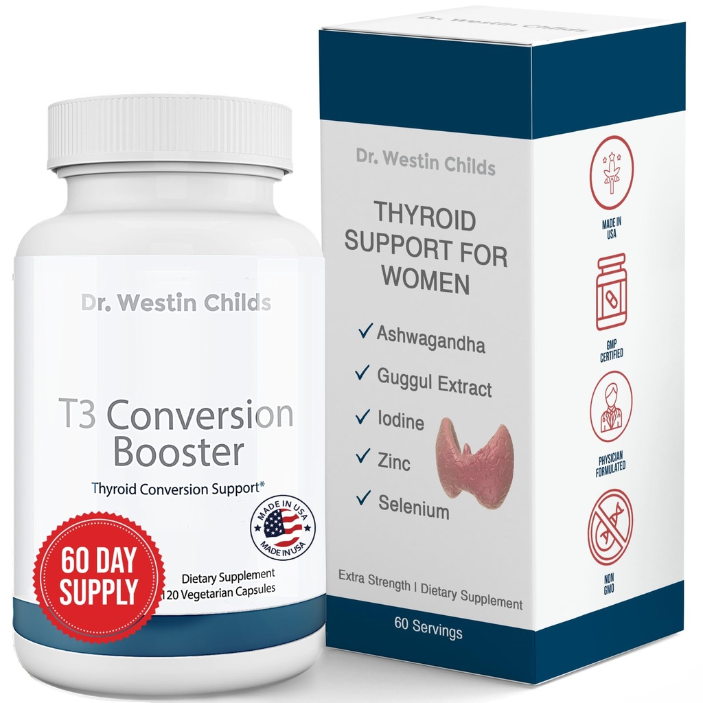 Dr Westin Childs - T3 Conversion Booster - Thyroid Support för kvinnor med Hypothyroidism & Hashimotos - jod, Ashwagandha, Guggul Extract, Selenium & Zink Complex - 60 portioner