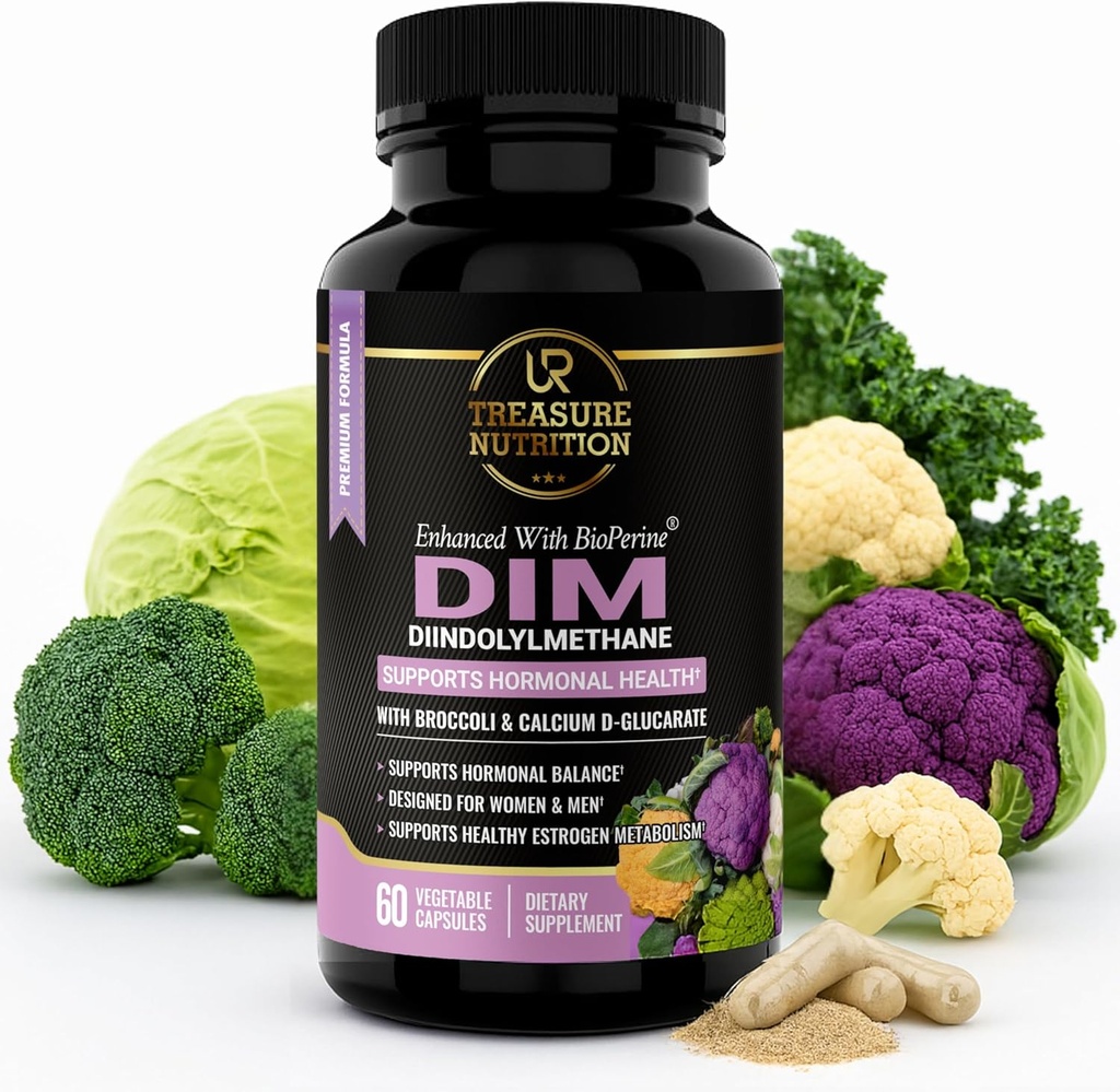 DIM Supplement with Broccoli Extract and BioPerine - Natural Hormone Balance Support for Women and Men - Estrogen Balance - Menopause, Acne - 60 Vegetariska kapslar med Calcium D-Glucarate