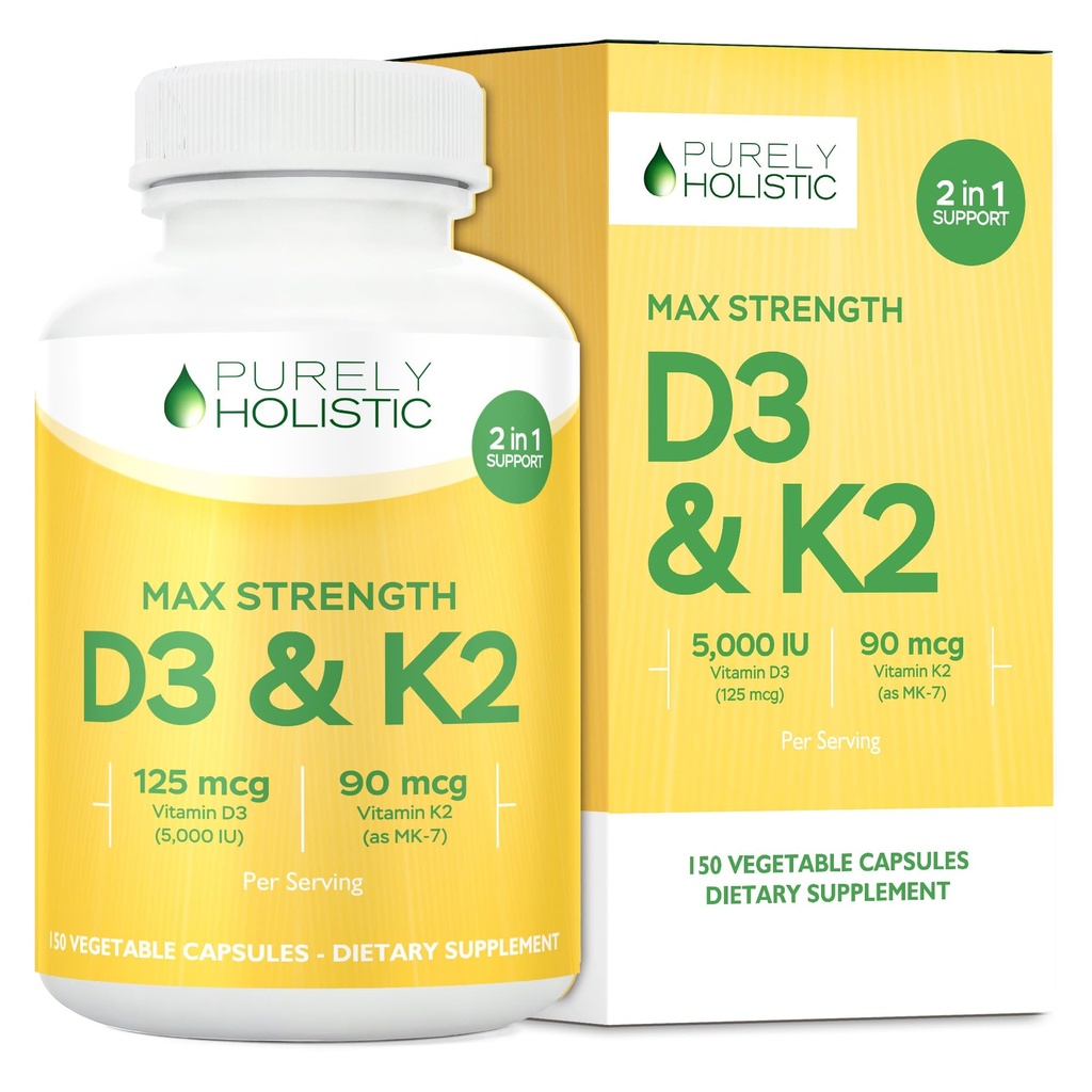 Rent Holistisk Vitamin D3 125mcg och Vitamin K2 90mcg MK7-4 Month Supply 150 vegetariska kapslar - Vitamin D3 & K2 Menaqunione - Hög styrka Cholecalciferol Made i USA