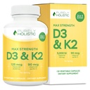 Rent Holistisk Vitamin D3 125mcg och Vitamin K2 90mcg MK7-4 Month Supply 150 vegetariska kapslar - Vitamin D3 & K2 Menaqunione - Hög styrka Cholecalciferol Made i USA