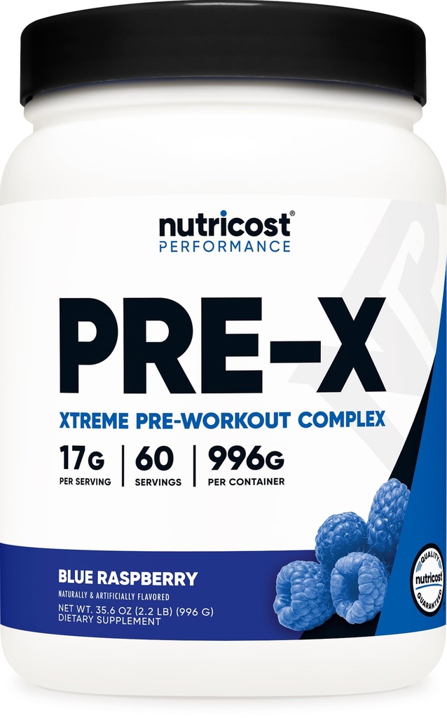 Nutricost Pre-X Xtreme Pre-Workout Komplexpulver, blå hallon, 60 portioner, vegetariska, icke-GMO och Gluten Free