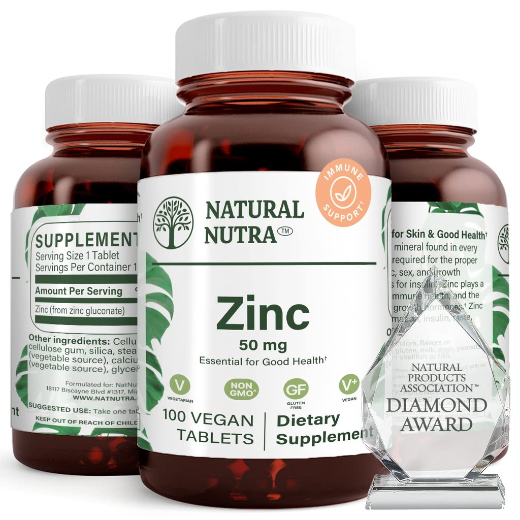 Natural Nutra Zinc Gluconate 50mg Supplement för Immune Support, främjar hudhälsa, ger enkelhet från influensa och kall, öka lärande och minne, förbättra smak och lukt, glutenfri 50mg 100 Vegan tabletter