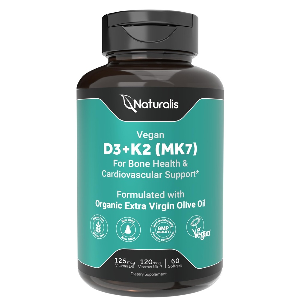 Naturalis Vegan Vitamin D3+K2 från Algae | 5000 IE D3 med 120mcg MK7 | Vegan Society Certified, Hållbart källad,Better Than Animal Derived | Bättre stöd för ben & immunhälsa * | 60 Softgels
