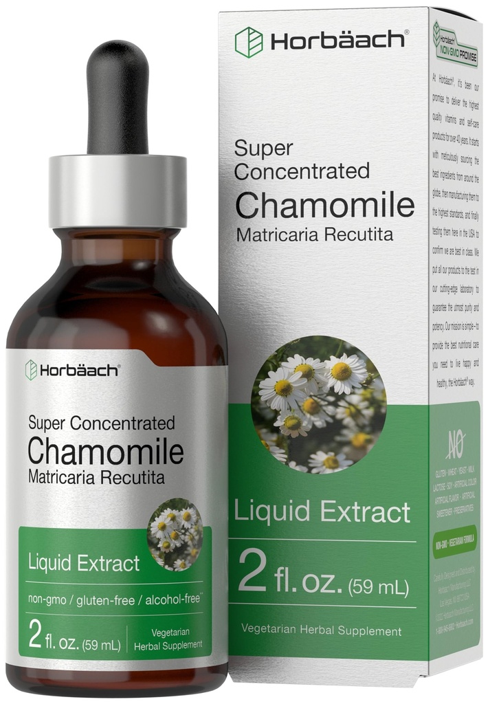Horbäach Chamomile Extract Liquid | 2 fl oz Tincture | Alcohol Free | Super Concentrated Herb Supplement | Vegetariska droppar | Non-GMO, Gluten Free