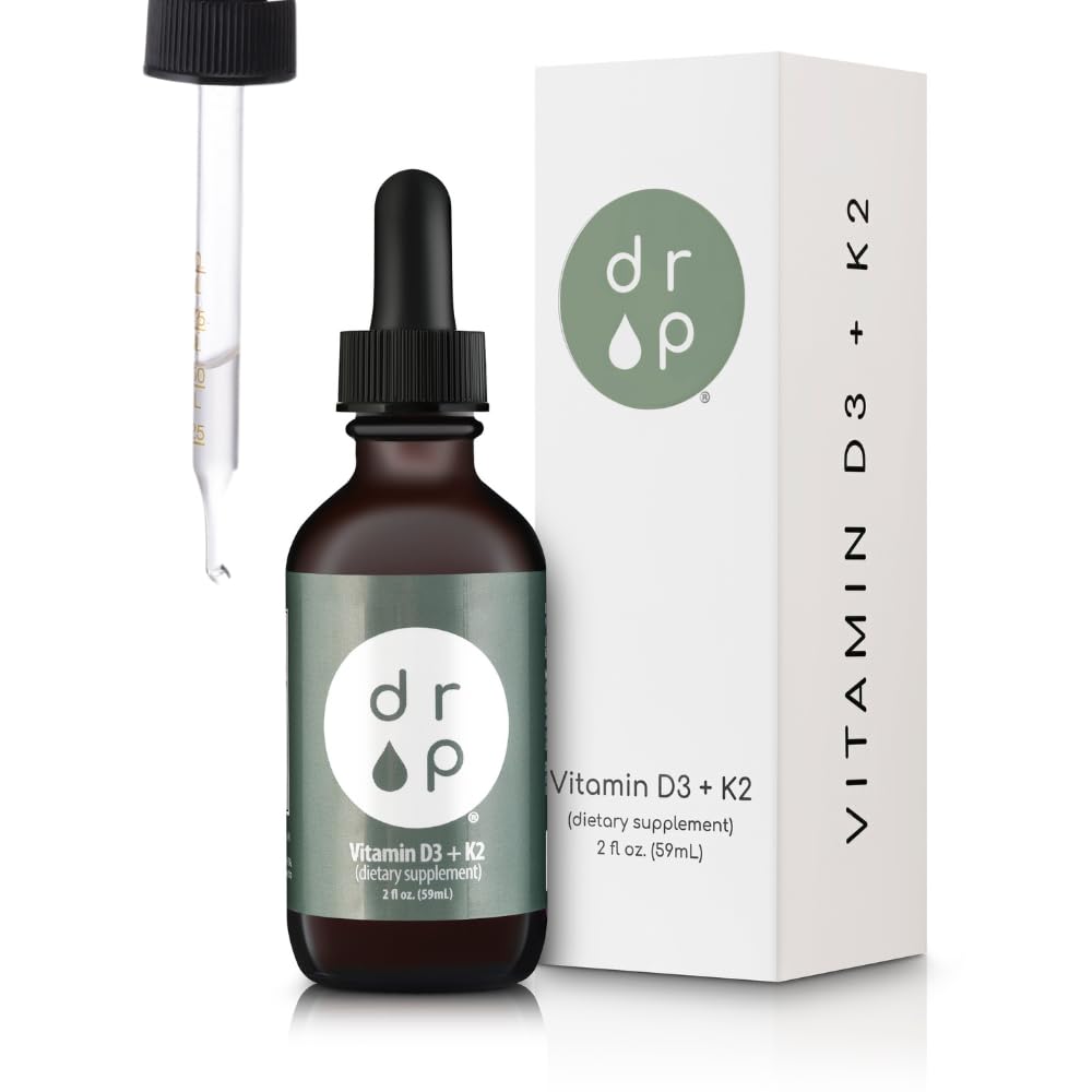 Vitamin D3 + K2 droppar med 1000 IE av växtbaserad D3 och 45 mcg K2, 2 oz flytande tillskott för benstyrka, förbättrat humör - inga konstgjorda konserveringsmedel, osmakade, med kokos MCT-olja