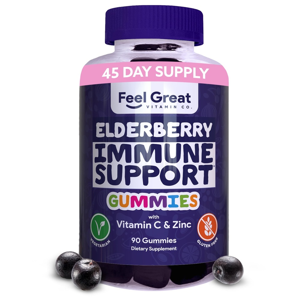 Känn bra Sambucus Elderberry Gummies med Zink och Vitamin C för vuxna | Immune Support Booster | Berry Flavored Vegan Supplement | 90 Day Supply