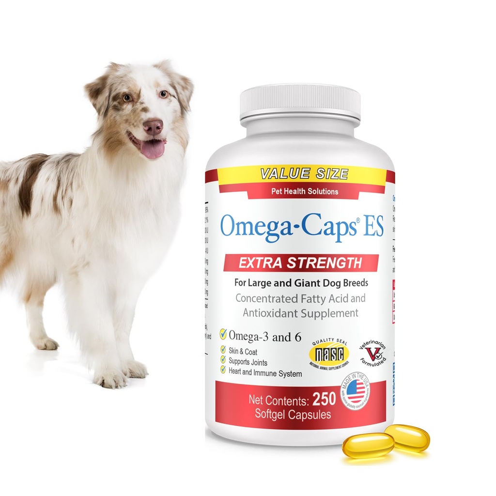 Omega-Caps ES för stora och jätte hundar - Omega 3, vitaminer, mineraler, antioxidanter - Stöd Immunsystem, gemensamma, hjärta och hjärna - 250 Softgel kapslar