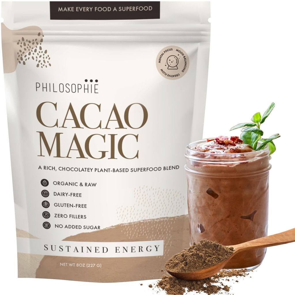 Filosofi Organic Cacao Magic Superfood Blend - Plant-Based Protein Powder med Raw Cacao, Reishi Mushroom & Maca Root - Osötad Vegan Chocolate Supplement, 32 portioner