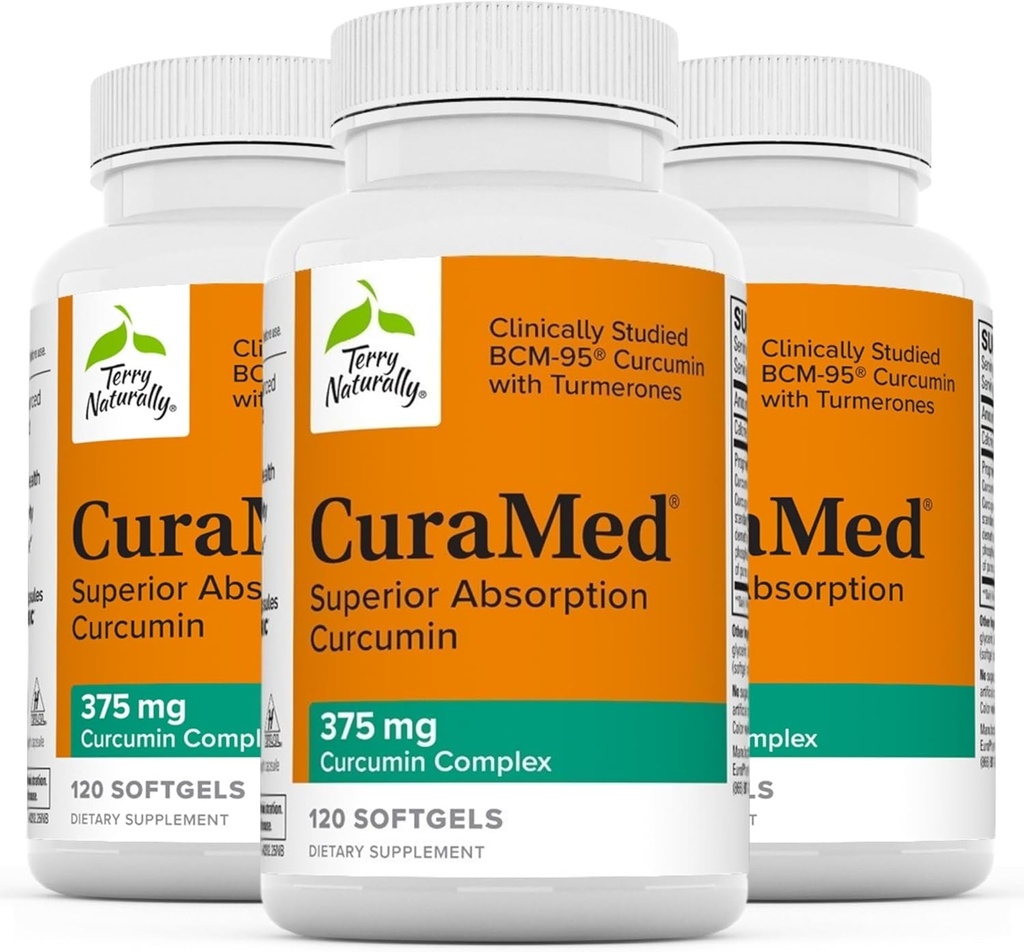 Terry Naturligt CuraMed 375mg - Antioxidant Supplement för hjärn- och immunhälsostöd - Kosttillskott med Curcumin & Turmeric Essential Oil - Herbal Liver Support - 120 Softgels (Pack of 3)