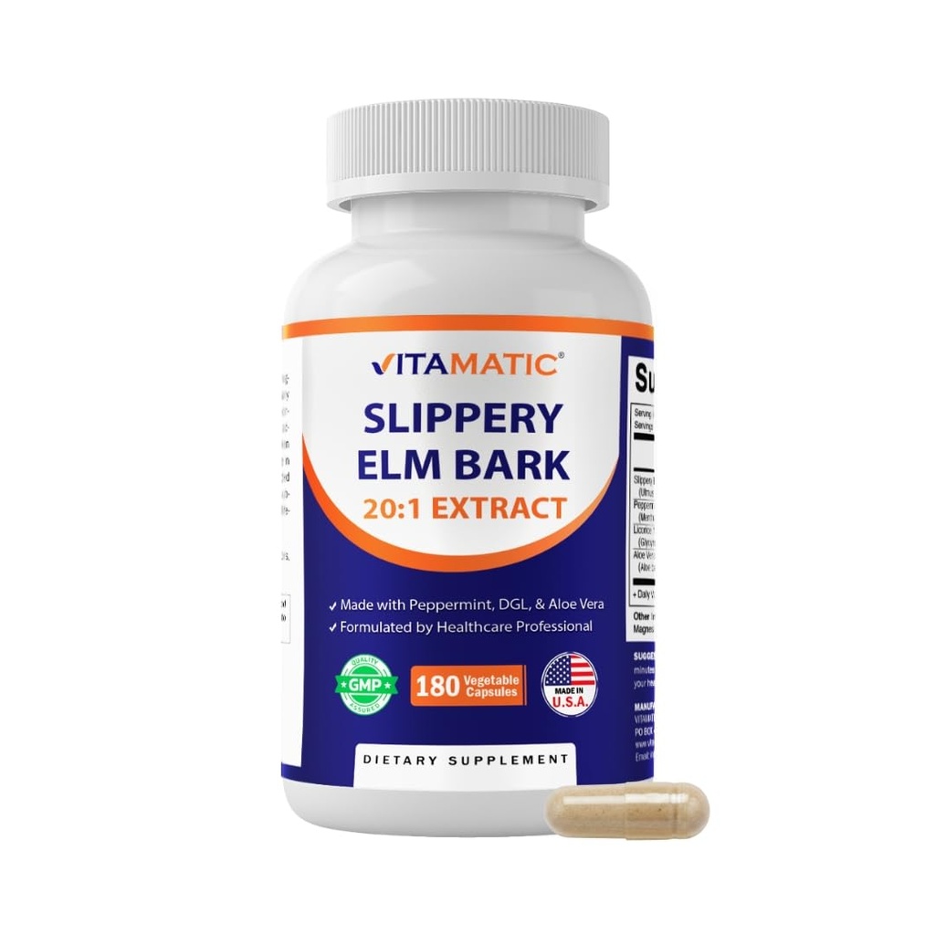 Vitamatic Slippery Elm Bark 10000 mg Equivalent Per Serving (från 20:1 Extract 500 mg), Made with Peppermint, DGL, & Aloe Vera - 180 Veg Capsules och Concentrated 20X Potency